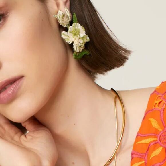 Oscar de la Renta Raffia Flower Earrings White Vacation Bridal Designer $400 - Picture 2 of 6